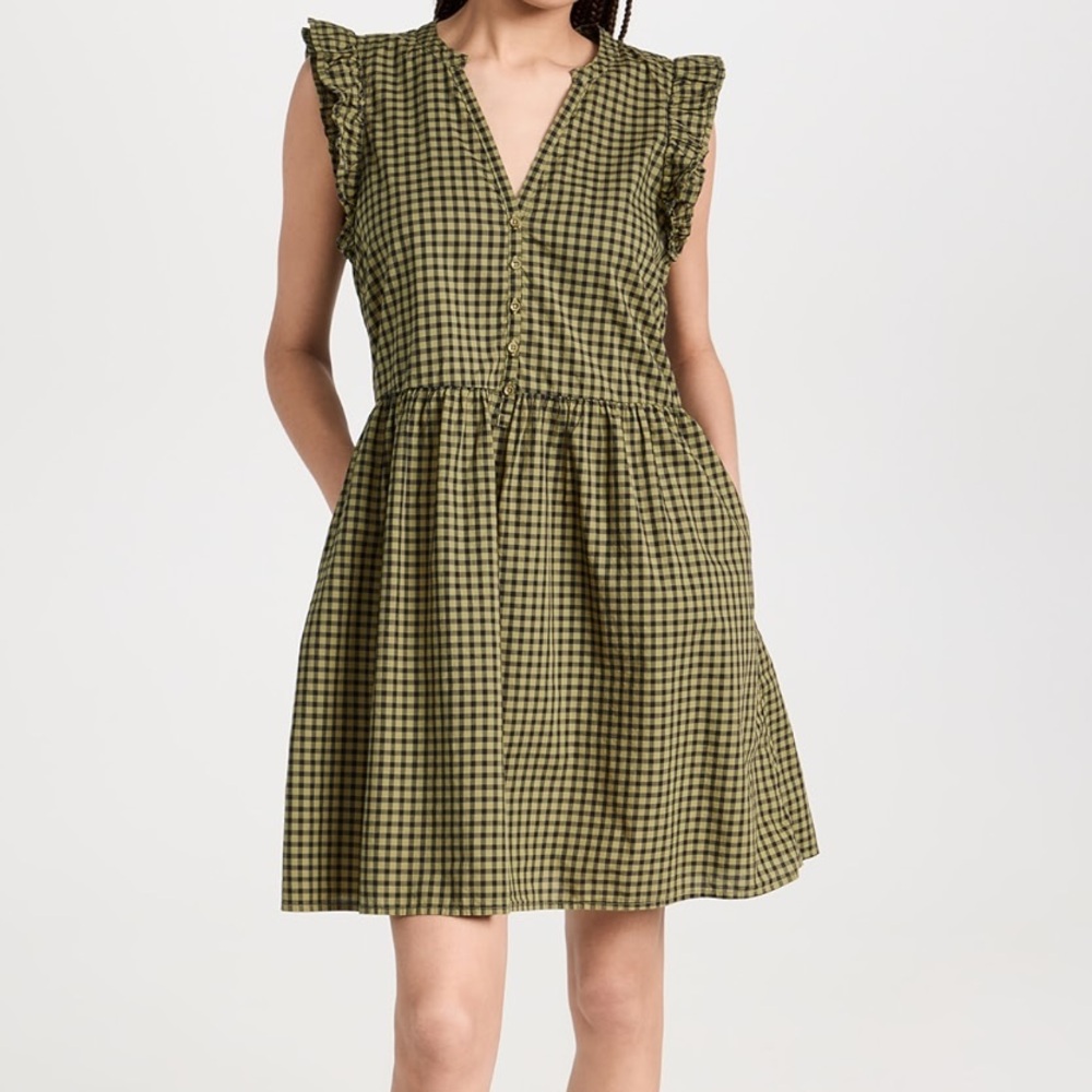 Nation LTD Tegan Ruffled Mini Dress Green Lichen Check | Size S